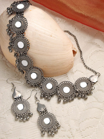 Silver-Plated & Toned Mirrors Studded Filigree Work Oxidised Jewellery Set