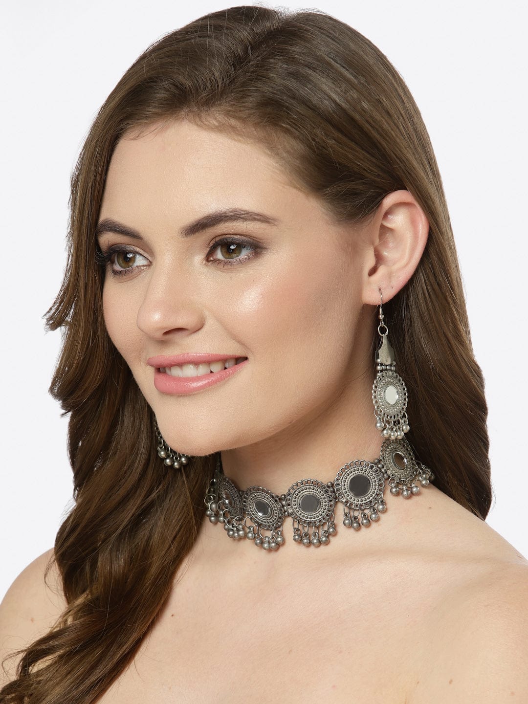 Silver-Plated & Toned Mirrors Studded Filigree Work Oxidised Jewellery Set