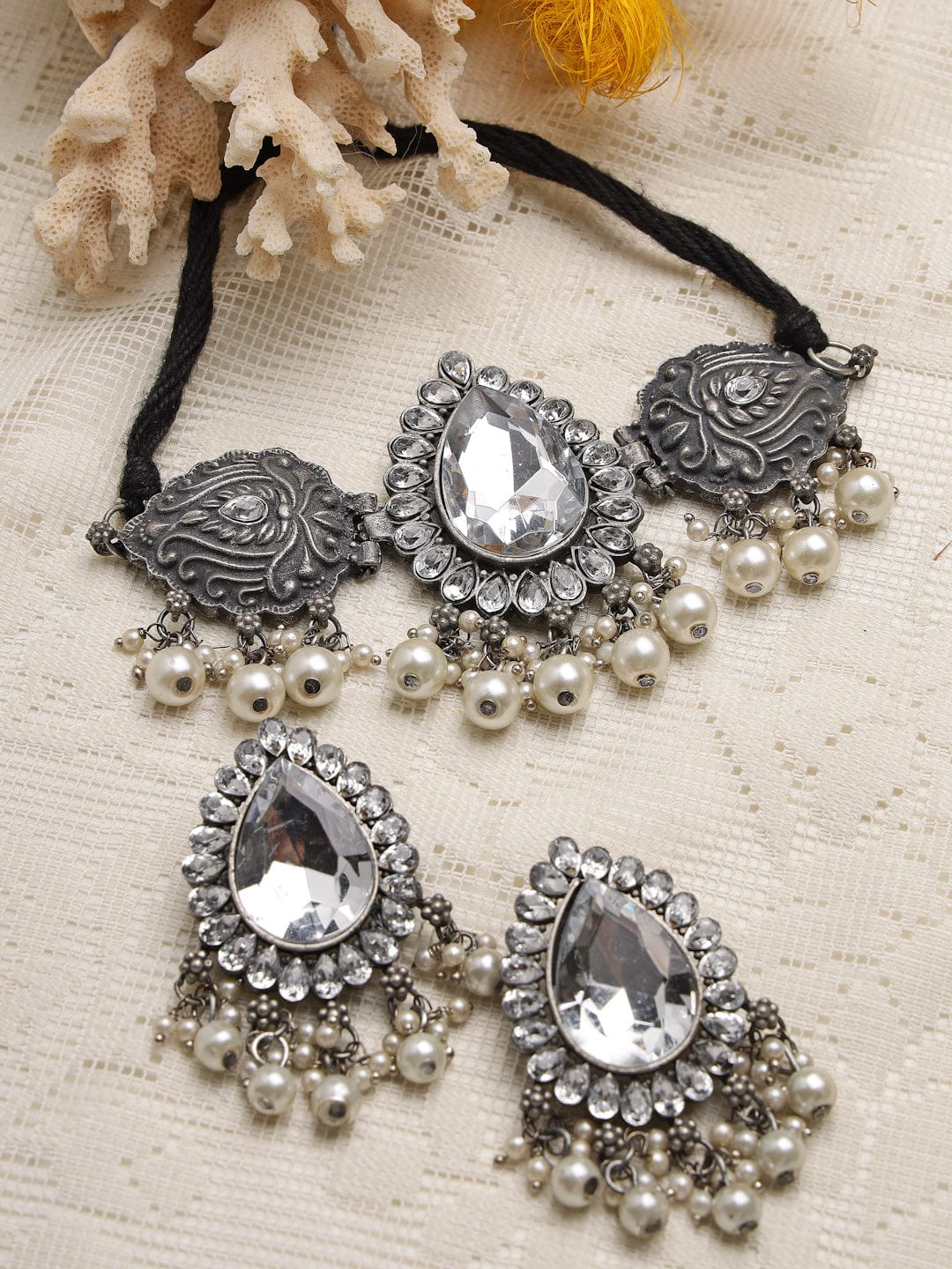 Silver-Plated Crystals & Pearls Studded Antique Tribal Design Oxidised Necklace Set