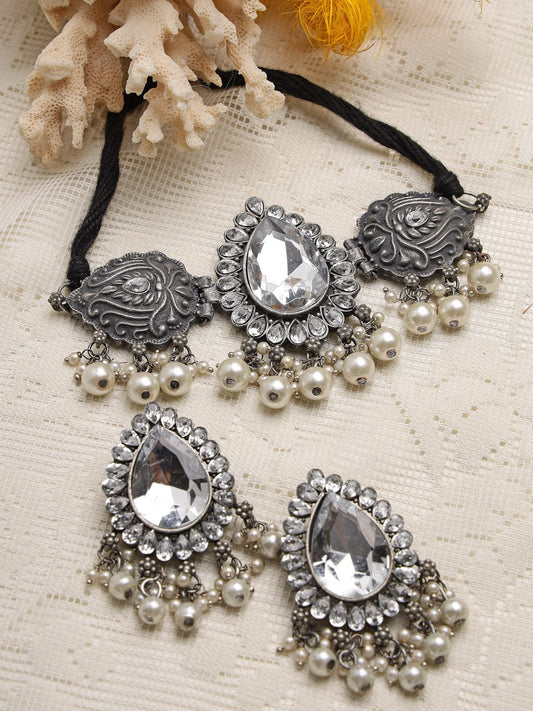 Silver-Plated Crystals & Pearls Studded Antique Tribal Design Oxidised Necklace Set