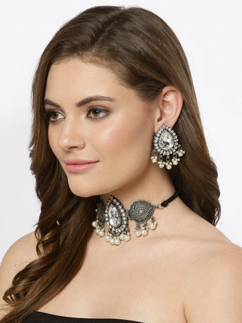 Silver-Plated Crystals & Pearls Studded Antique Tribal Design Oxidised Necklace Set