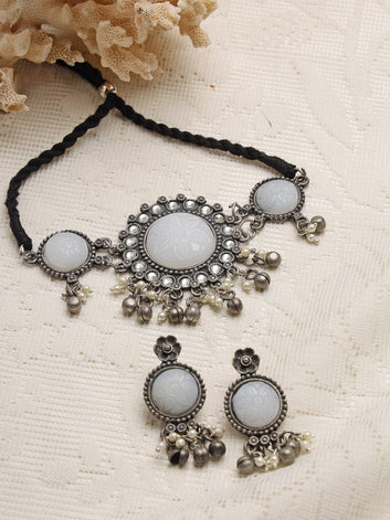 Oxidised Silver-Plated Off-White & Pearls Beaded Jewellery Set