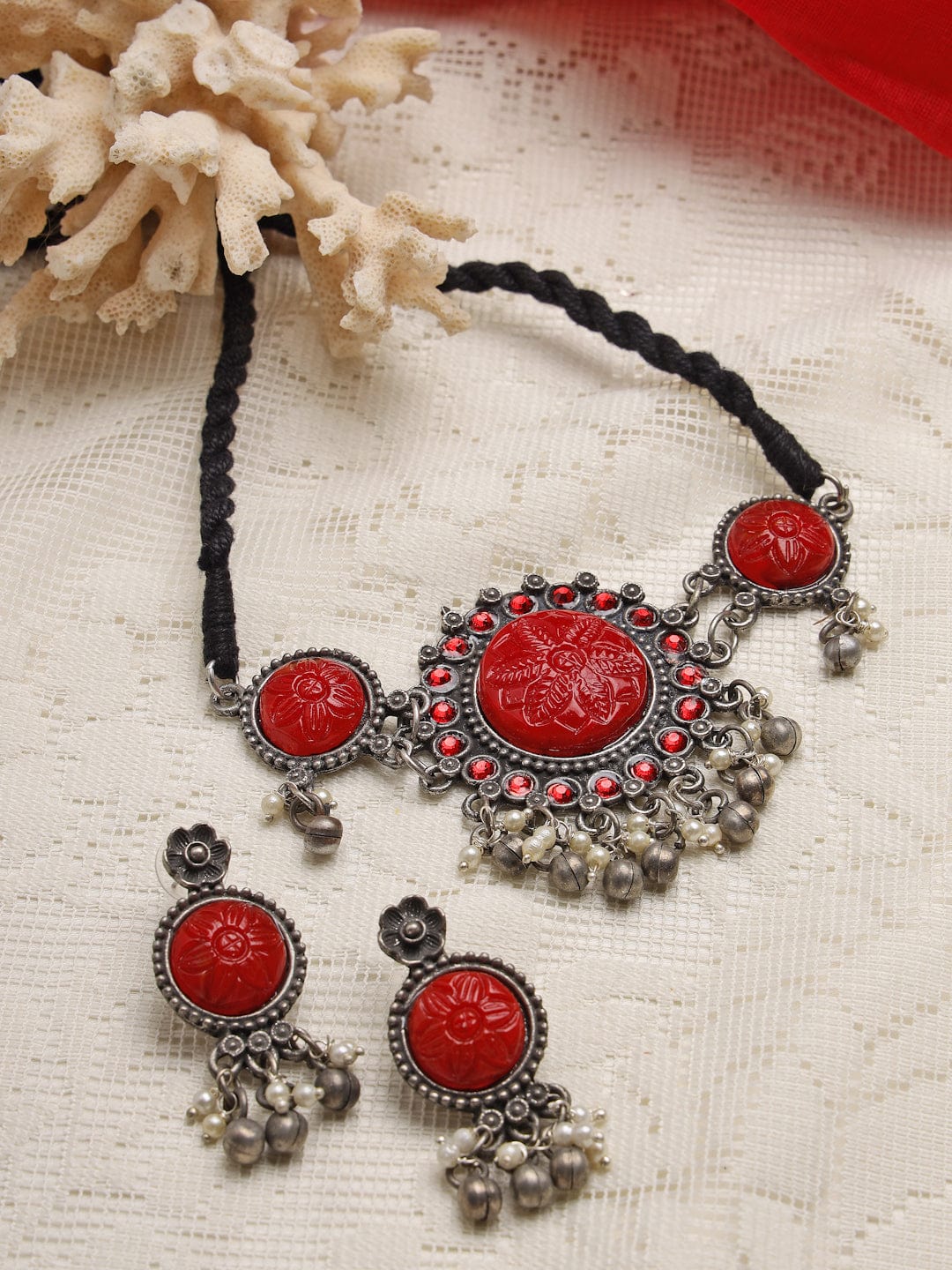 Silver-Plated Red Agate & Pearls Studded Oxidised Jewellery Set