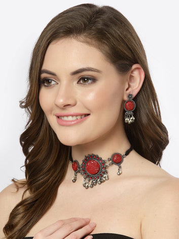 Silver-Plated Red Agate & Pearls Studded Oxidised Jewellery Set