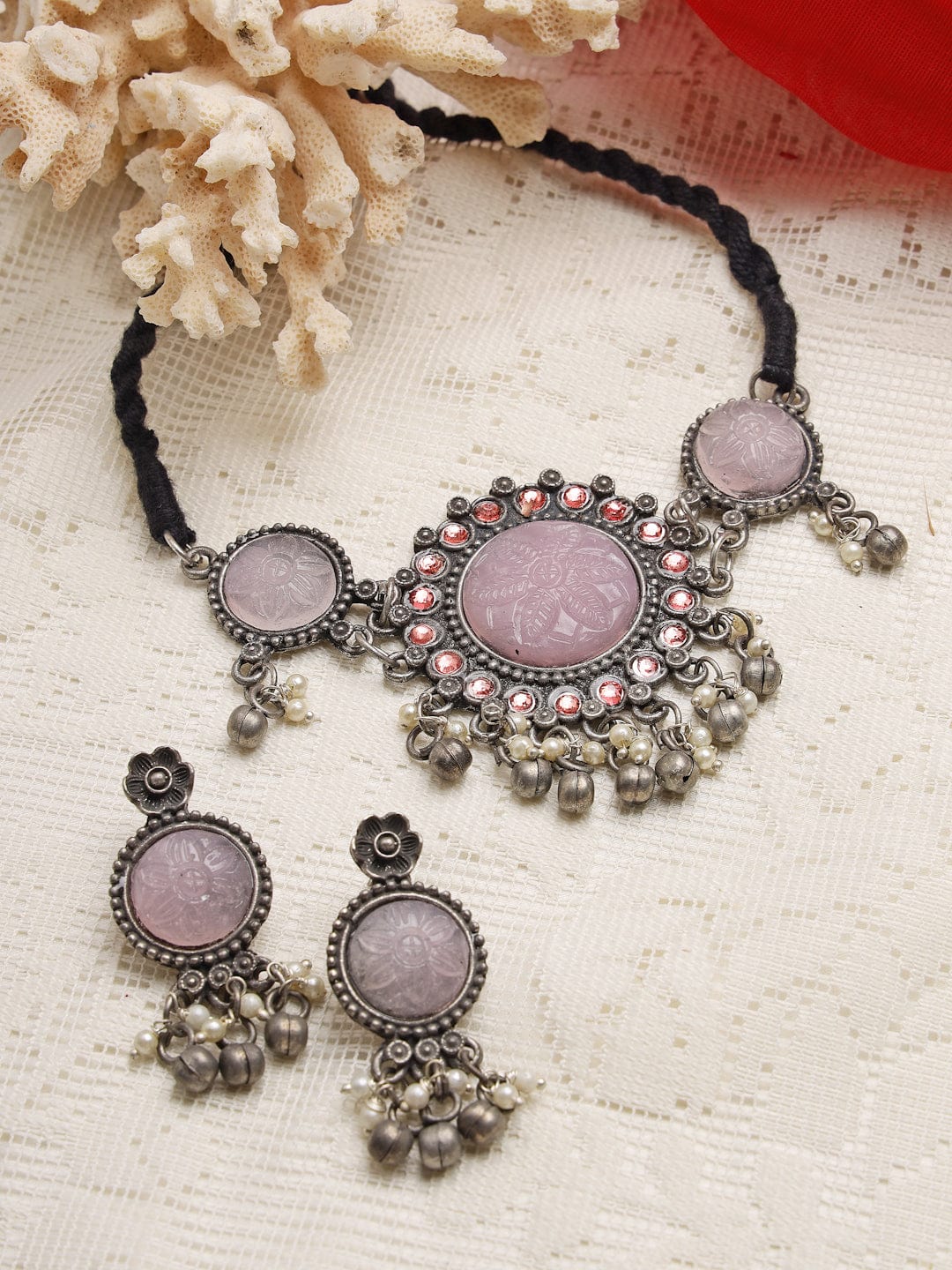 Silver-Plated Pink Stone Studded & Pearls Beaded Jewellery Set