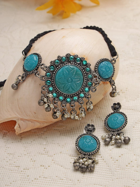 Silver-Plated & Turquoise blue Pearl Studded Jewellery Set