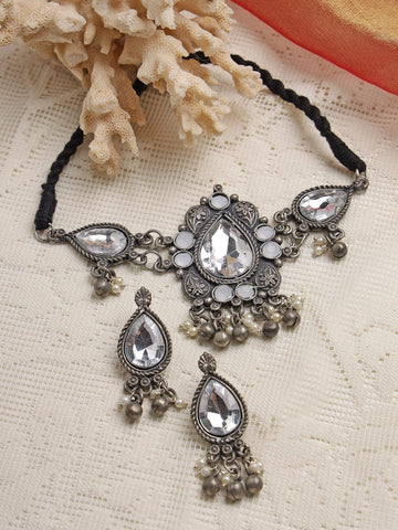 Oxidised Silver-Plated White Crystal-Studded & Pearl Beaded Jewellery Set