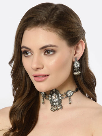 Oxidised Silver-Plated White Crystal-Studded & Pearl Beaded Jewellery Set