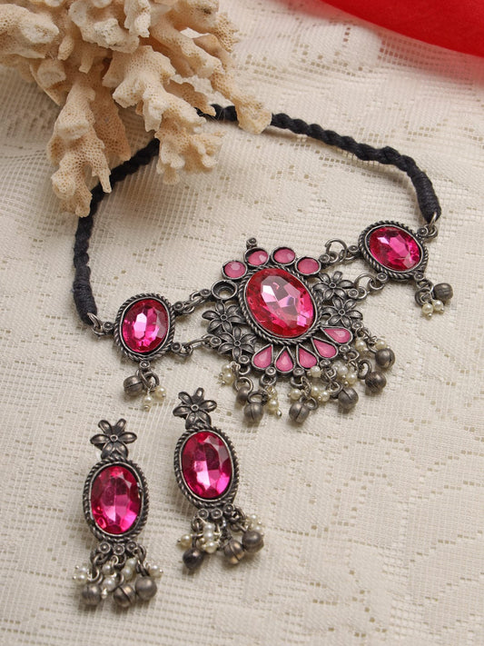 Oxidized Silver-Plated White & Pink Crystal-Studded & Pearl Beaded Jewellery Set