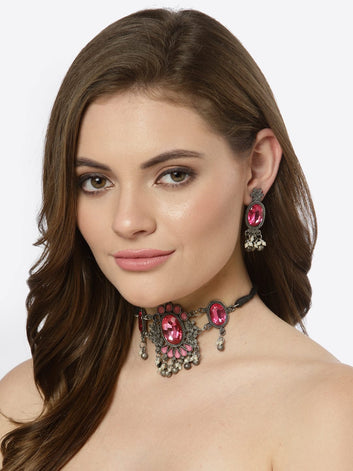 Oxidized Silver-Plated White & Pink Crystal-Studded & Pearl Beaded Jewellery Set