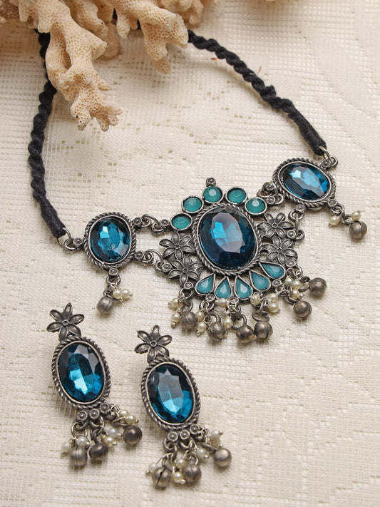 Silver-Plated & Toned Blue Crystal Studded Jewellery Set