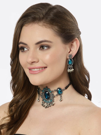Silver-Plated & Toned Blue Crystal Studded Jewellery Set
