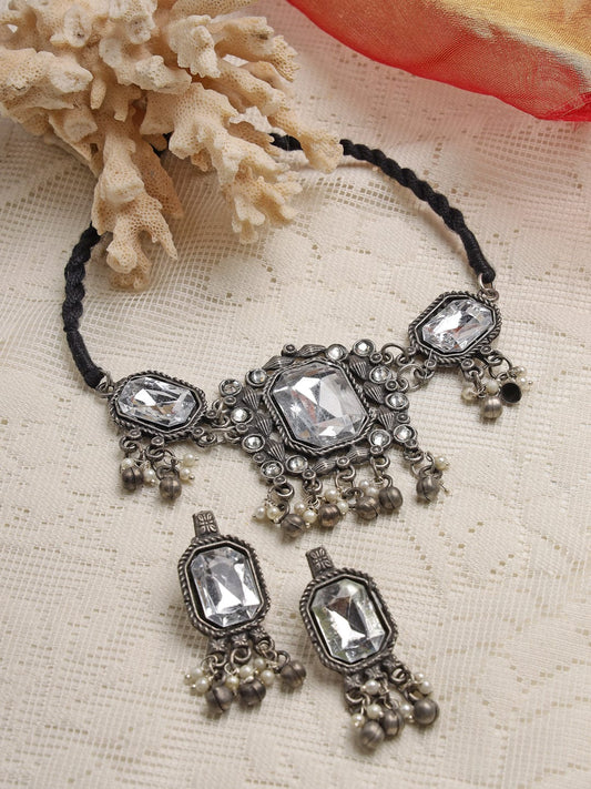 Oxidized Silver-Plated White Crystal-Studded & Pearl Beaded Jewellery Set