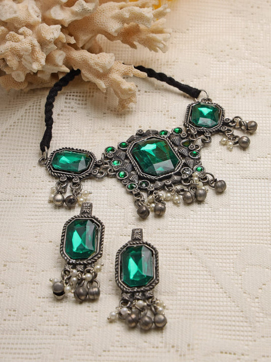 Oxidised Silver-Plated Green Crystals & Pearls Studded Choker Jewellery Set