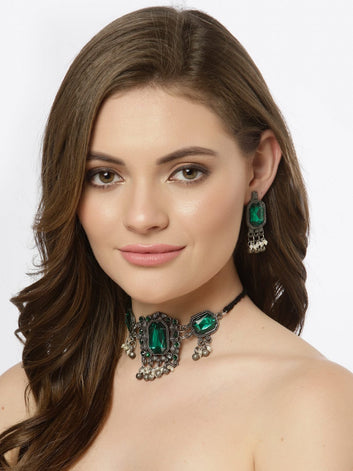 Oxidised Silver-Plated Green Crystals & Pearls Studded Choker Jewellery Set