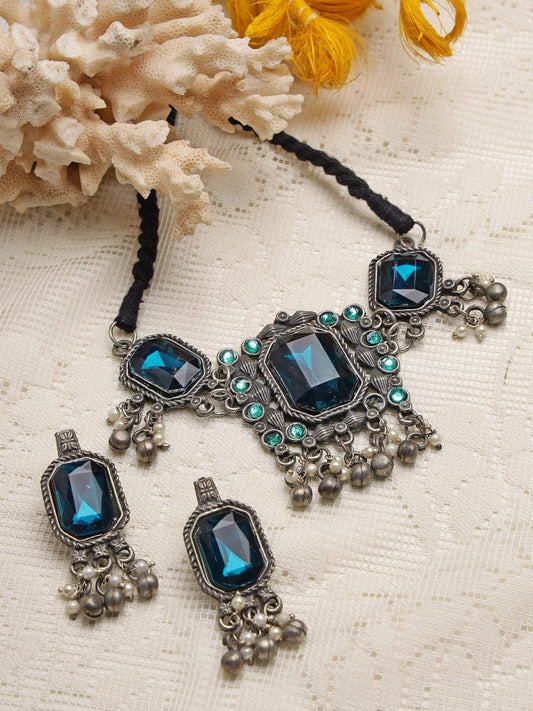 Silver-Plated & Blue Crystal Studded Jewellery Set