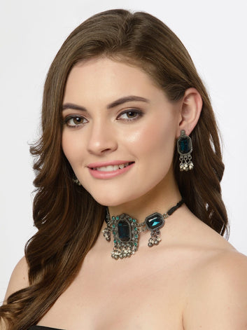 Silver-Plated & Blue Crystal Studded Jewellery Set