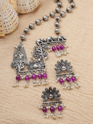 Silver-Plated Beaded Necklace & Earrings Set