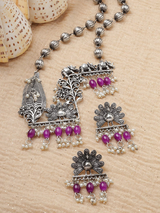 Silver-Plated Beaded Necklace & Earrings Set