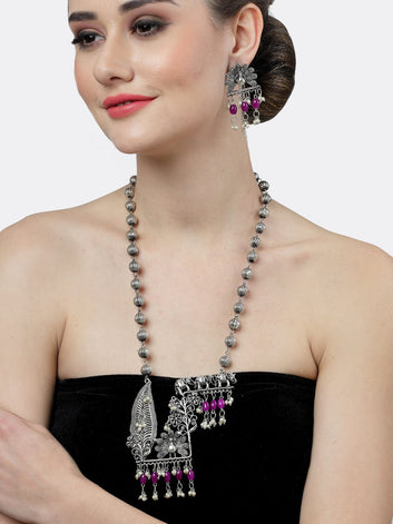 Silver-Plated Beaded Necklace & Earrings Set