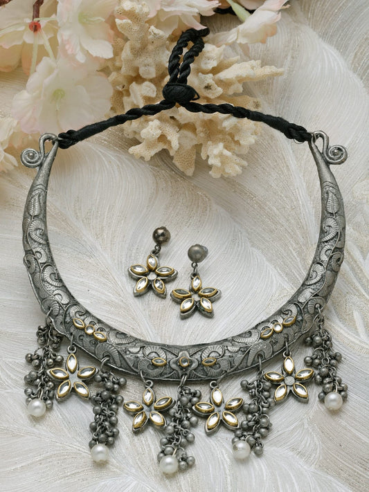 Silver-Plated Kundan-Studded Antique Jewellery Set