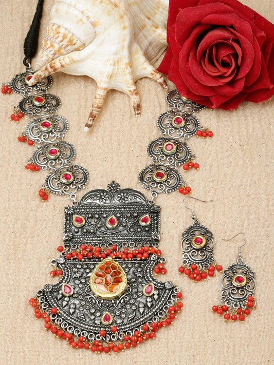 Silver-Plated Stone-Studded and Beaded Necklace & Earrings Set