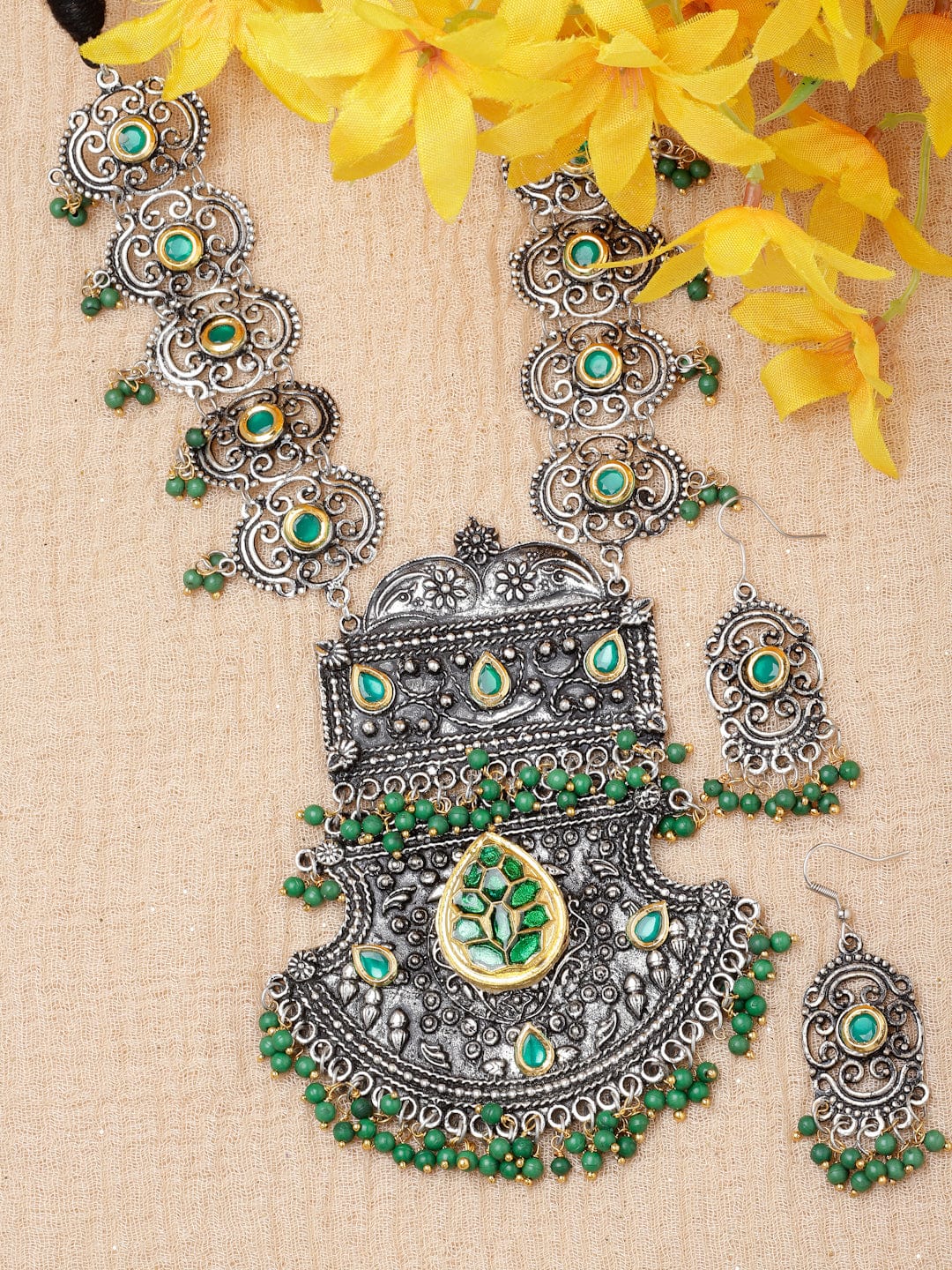 Oxidised Silver-Plated Crystal-Studded and Beaded Jewellery Set