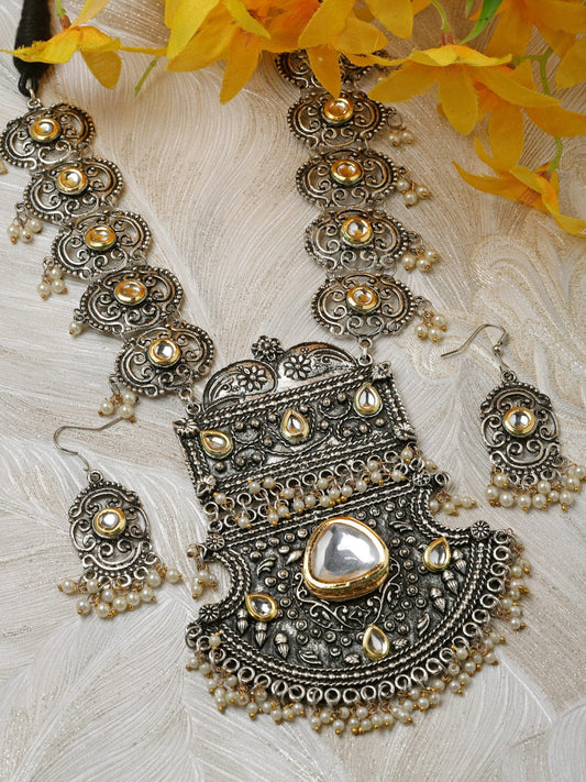 Silver-Plated Crystal-Studded Antique Oxidised Jewellery Set