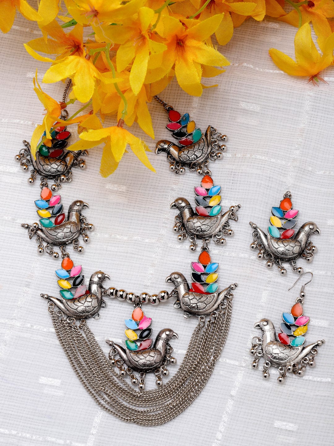 Silver-Plated Meenakari Necklace & Earrings Set
