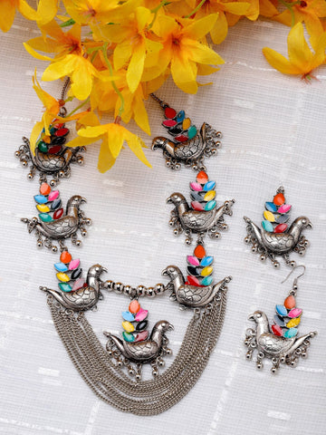 Silver-Plated Meenakari Necklace & Earrings Set