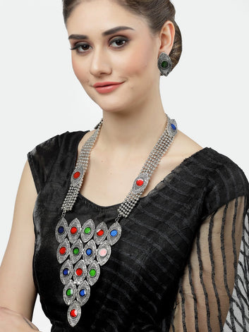 Silver-Plated Meenakari Work Oxidised Jewellery Set
