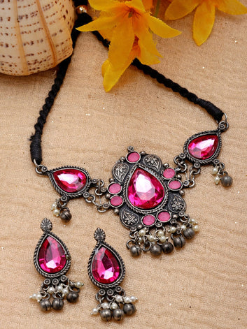Silver-Plated Crystal-Studded & Artificial Beaded Jewellery Set