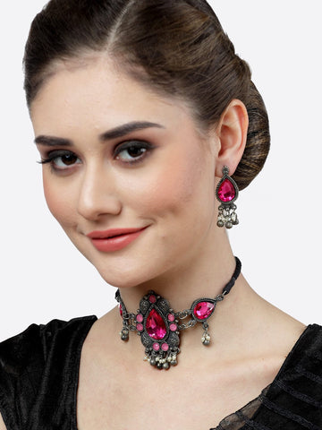 Silver-Plated Crystal-Studded & Artificial Beaded Jewellery Set
