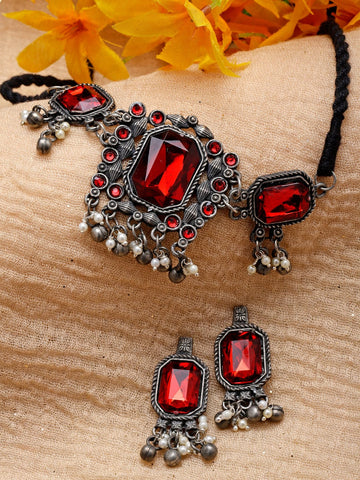 Silver-Plated Crystal-Studded Oxidised Jewellery Set