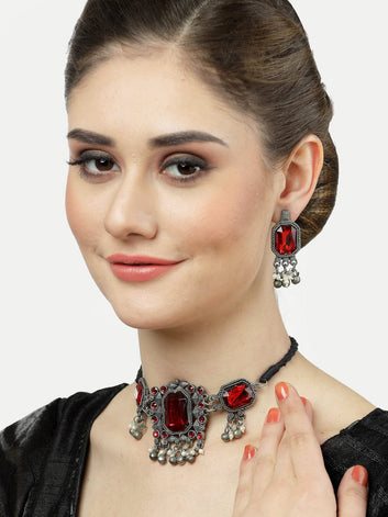 Silver-Plated Crystal-Studded Oxidised Jewellery Set