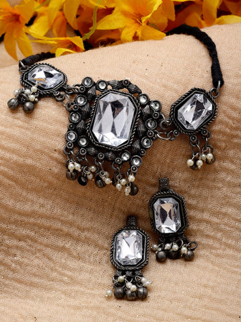 Silver-Plated Crystal-Studded Oxidised Jewellery Set