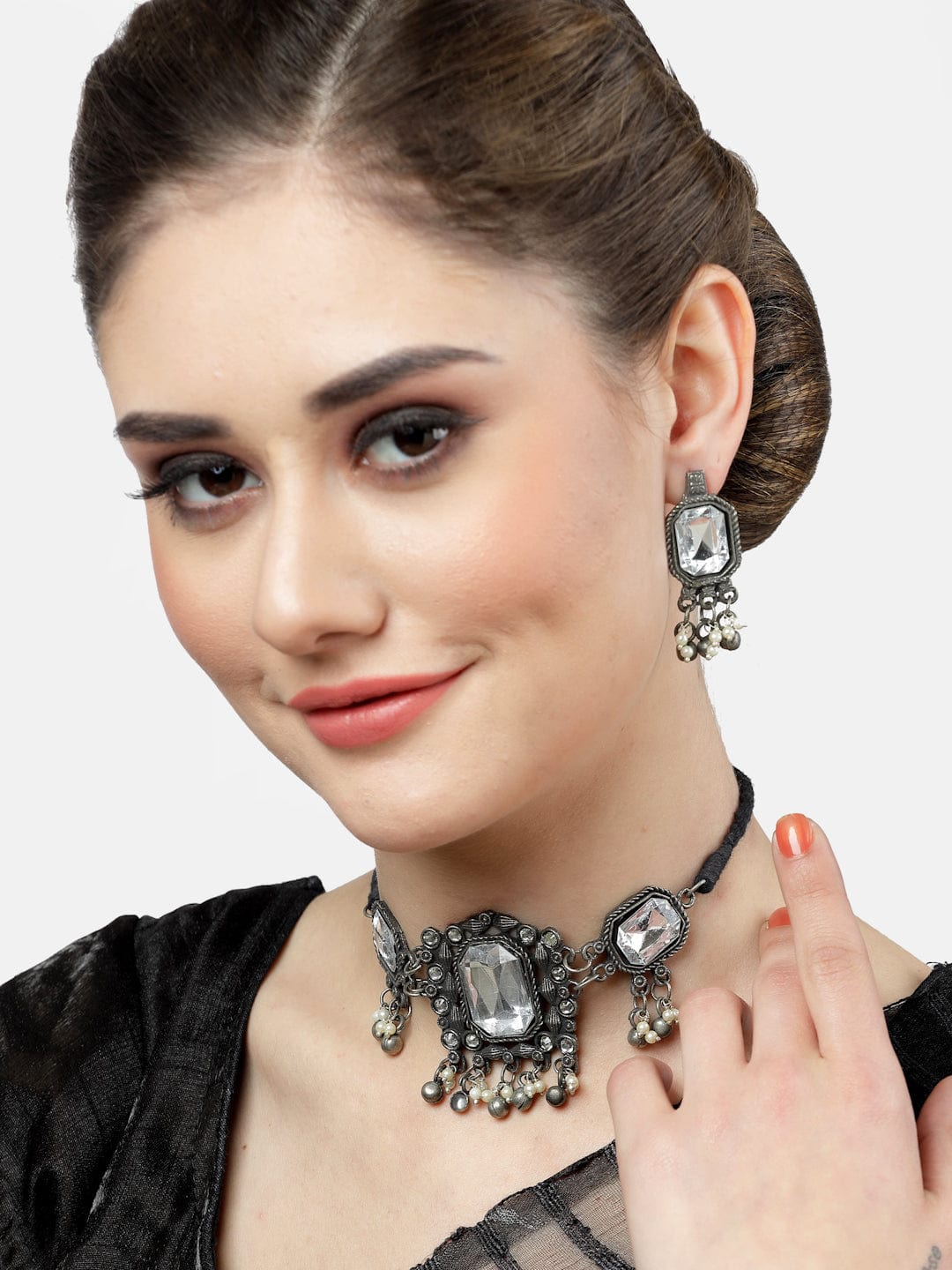 Silver-Plated Crystal-Studded Oxidised Jewellery Set