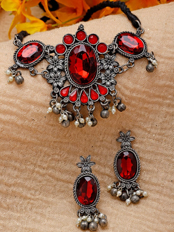 Silver-Plated Stones-Studded Brass Jewellery Set