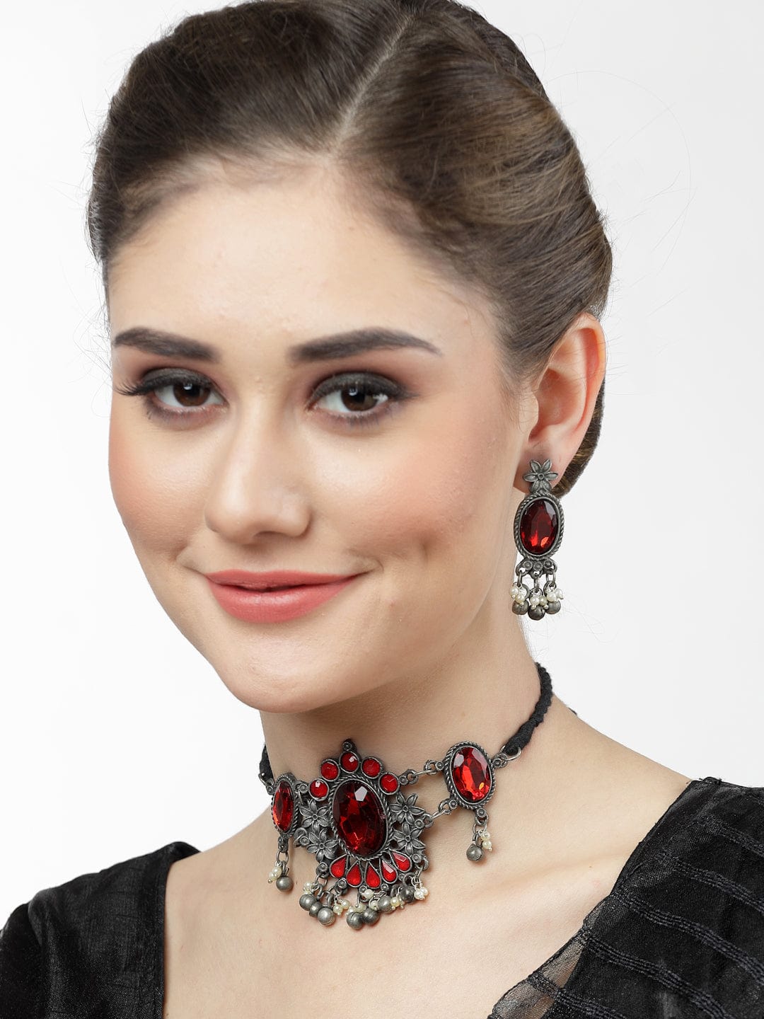 Silver-Plated Stones-Studded Brass Jewellery Set