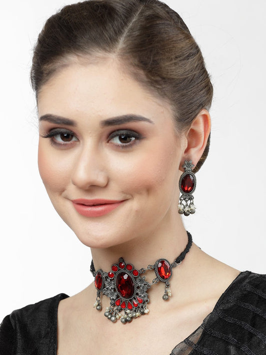 Silver-Plated Stones-Studded Brass Jewellery Set