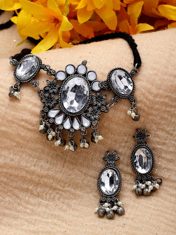 Silver-Plated Crystals & Artificial Beads Jewellery Set