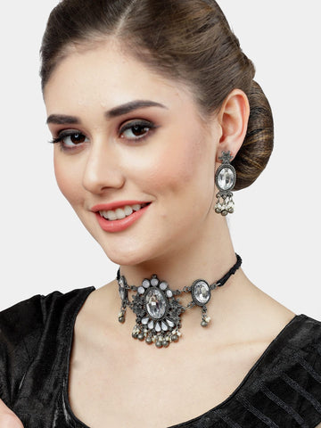 Silver-Plated Crystals & Artificial Beads Jewellery Set