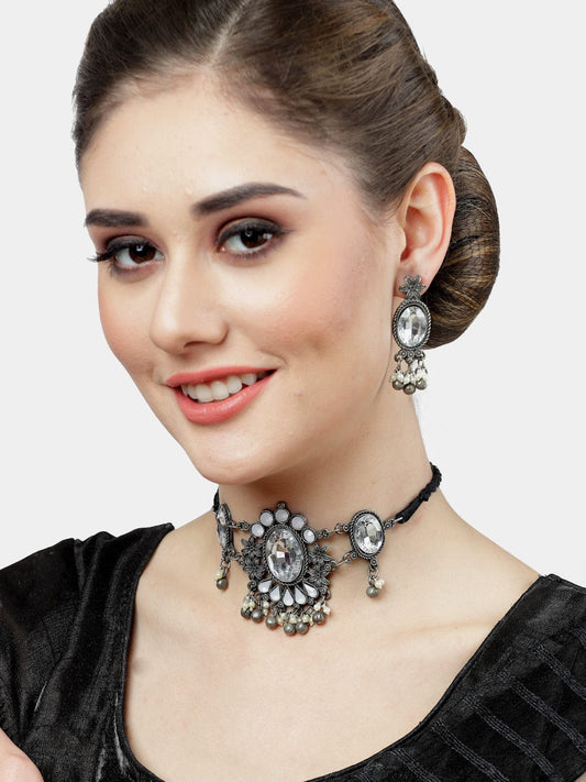 Silver-Plated Crystals & Artificial Beads Jewellery Set