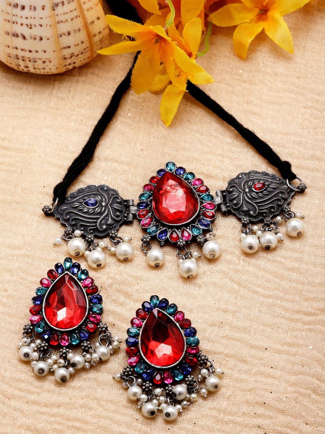 Silver-Plated Crystal-Studded And Beaded Oxidised Jewellery Set