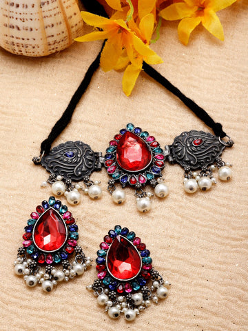 Silver-Plated Crystal-Studded And Beaded Oxidised Jewellery Set