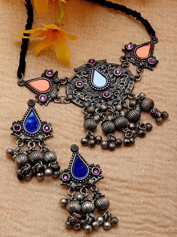 Silver-Plated Stone-Studded Afghan Jewellery Set
