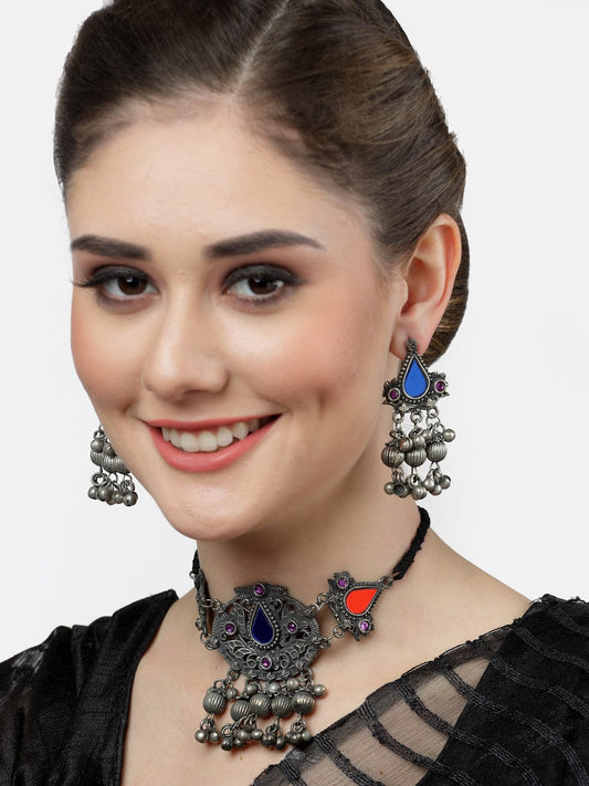 Silver-Plated Stone-Studded Afghan Jewellery Set