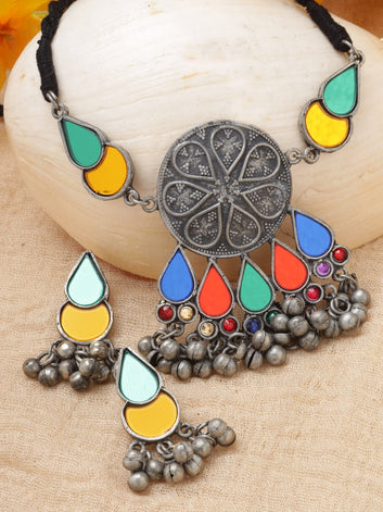 Silver-Plated Mirrors & Ghungroo Afghan Jewellery Set