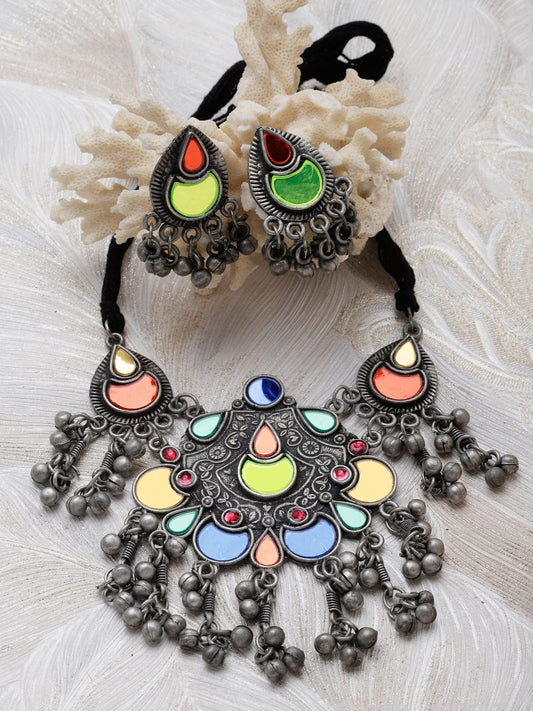 Silver-Plated Mirror & Ghungroo Tasselled Jewellery Set