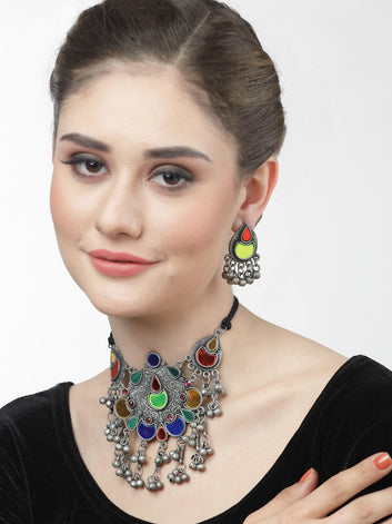 Silver-Plated Mirror & Ghungroo Tasselled Jewellery Set